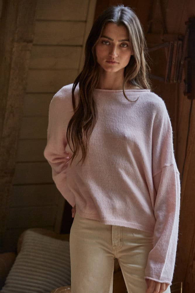 Knit Sweater Rolled Round Neck Pullover Top
