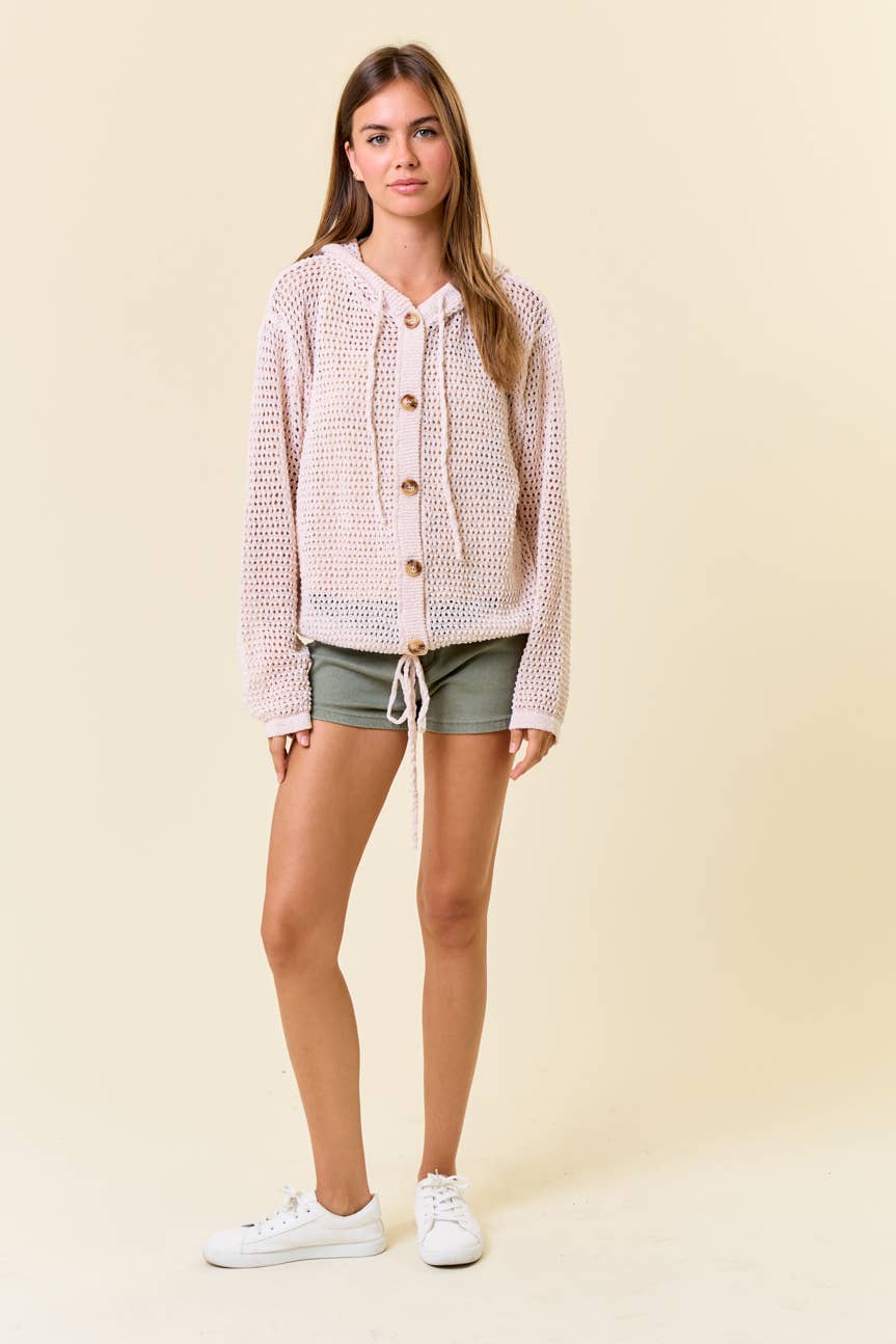 Net Hoodie Cardigan With Big Wooden Button