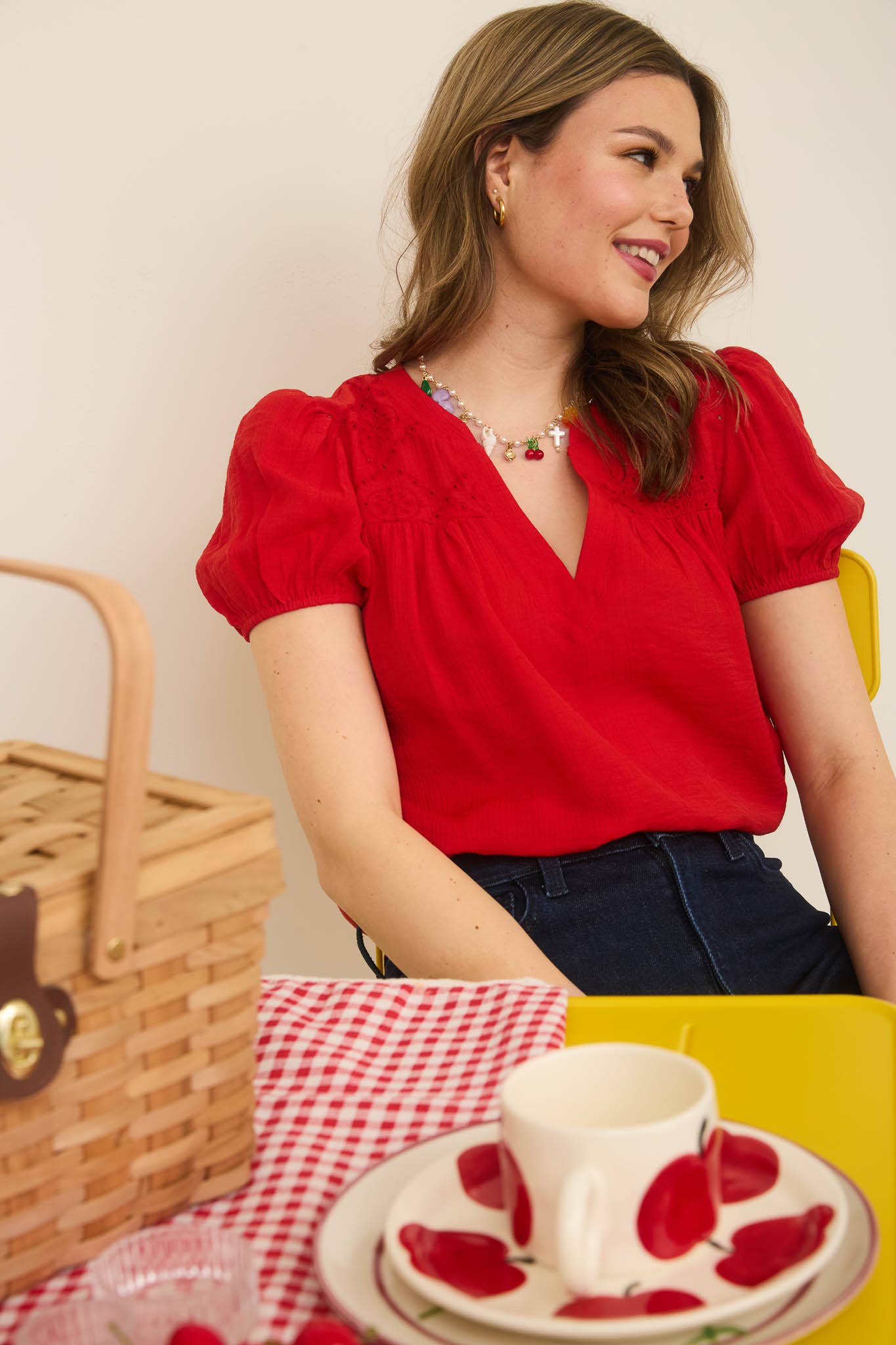 White or Navy Eyelet Top with Puff Sleeves