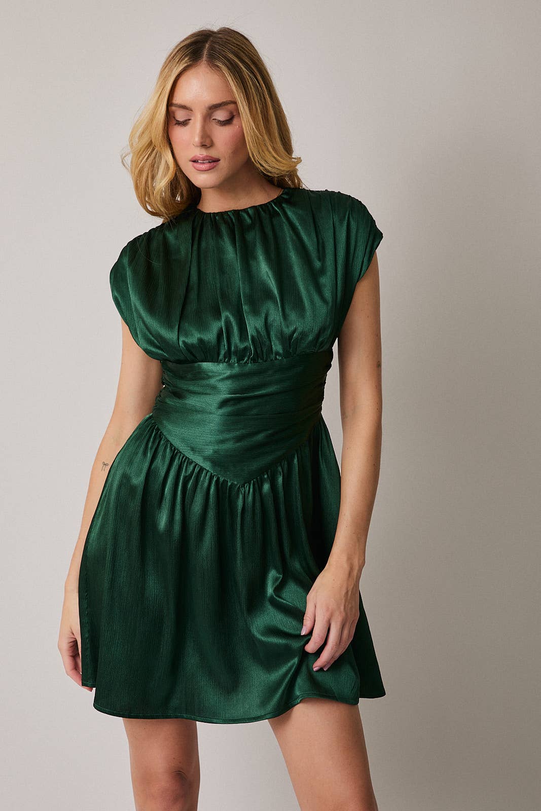 Round Neck Sleeveless Satin Ruched Fit & Flare Mini Dress