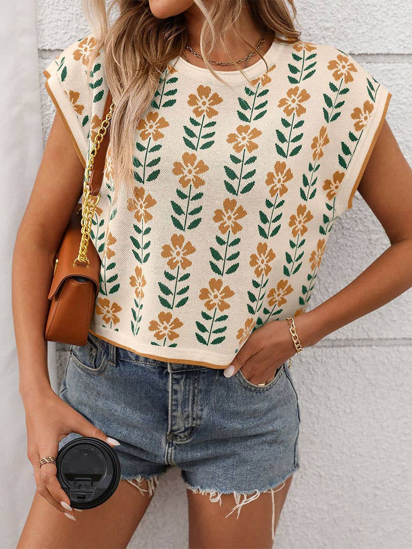 Knit Floral Cropped Short-Sleeves Color Block Sweater MD188