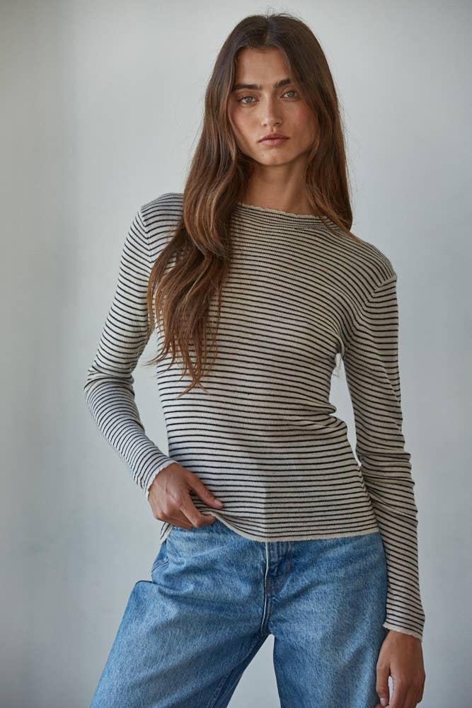 Knit Sweater Striped Mock Neck Long Sleeve Top