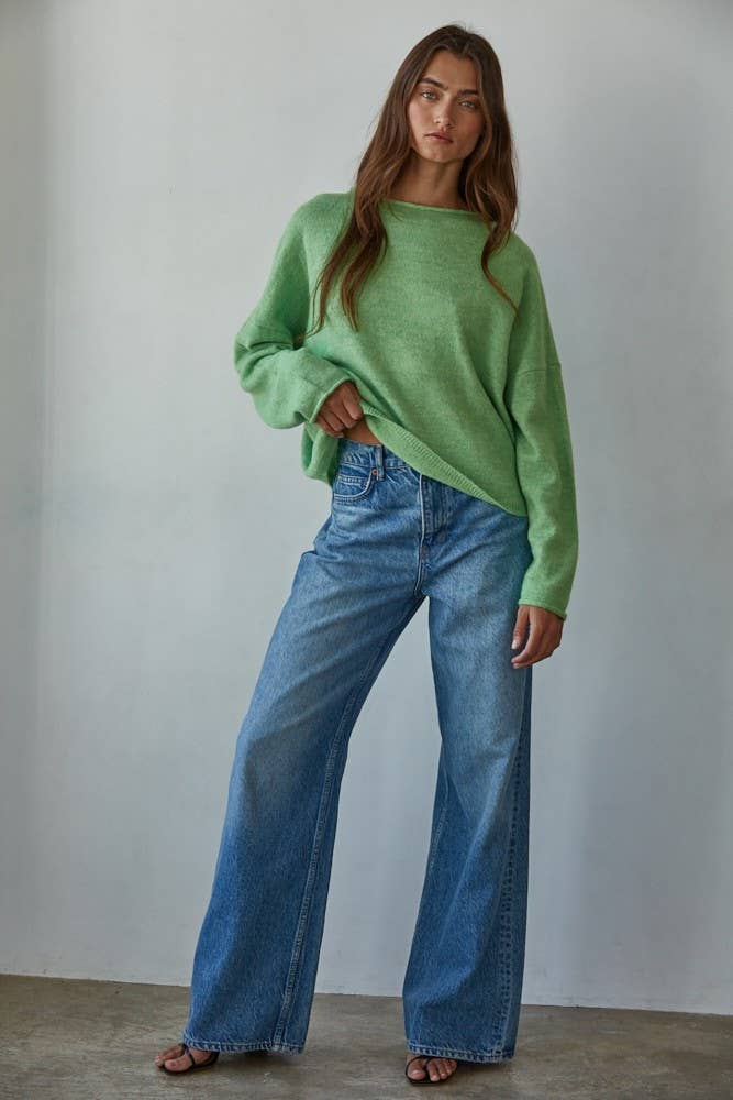 Knit Sweater Rolled Round Neck Pullover Top