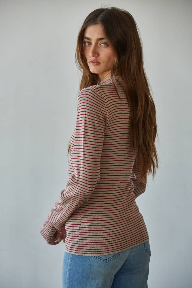 Knit Sweater Striped Mock Neck Long Sleeve Top