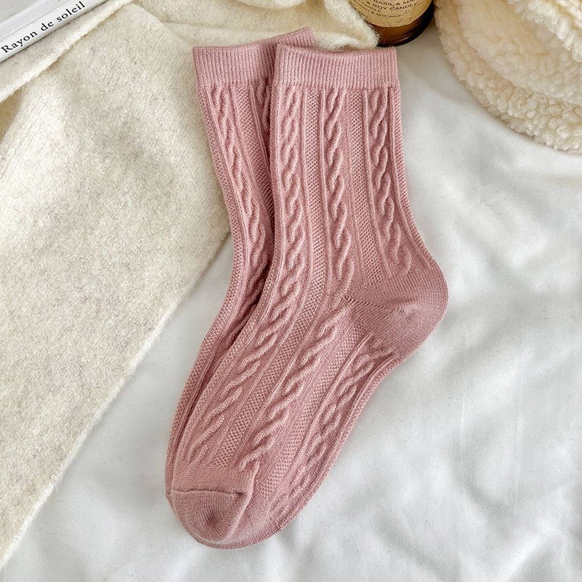 Solid Color Retro Twisted Diamond Texture Warm Pile Socks