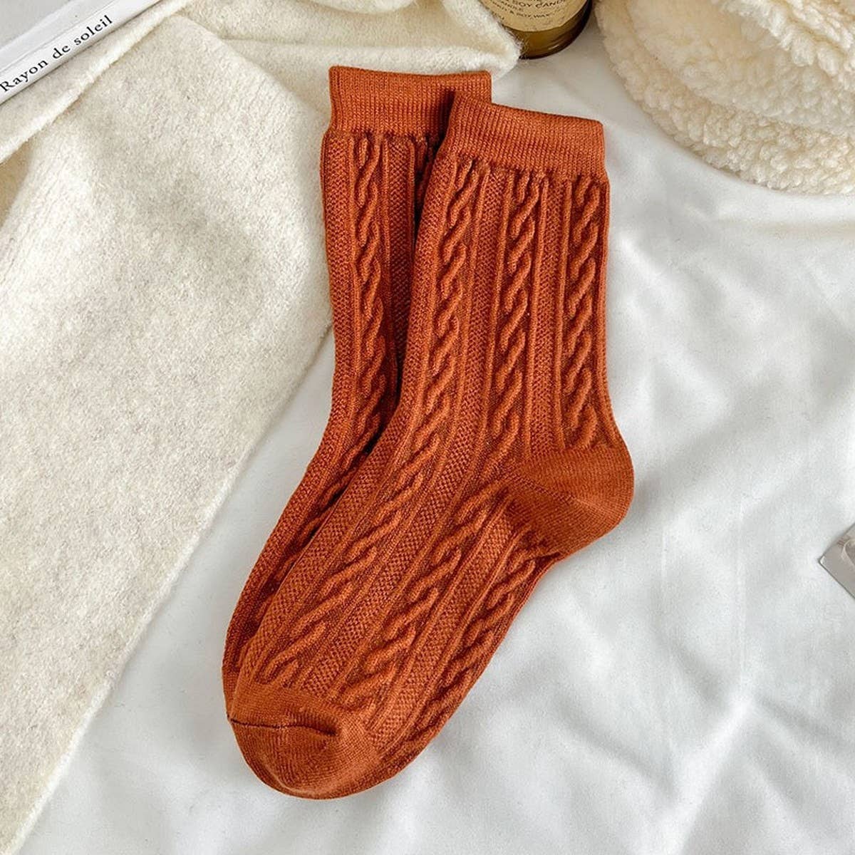 Solid Color Retro Twisted Diamond Texture Warm Pile Socks