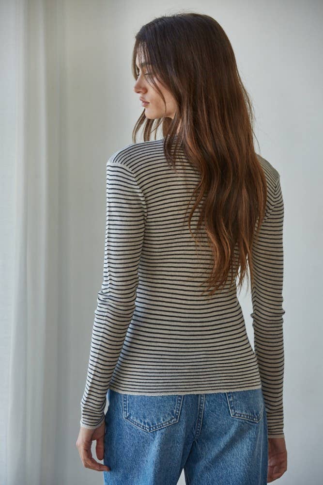 Knit Sweater Striped Mock Neck Long Sleeve Top