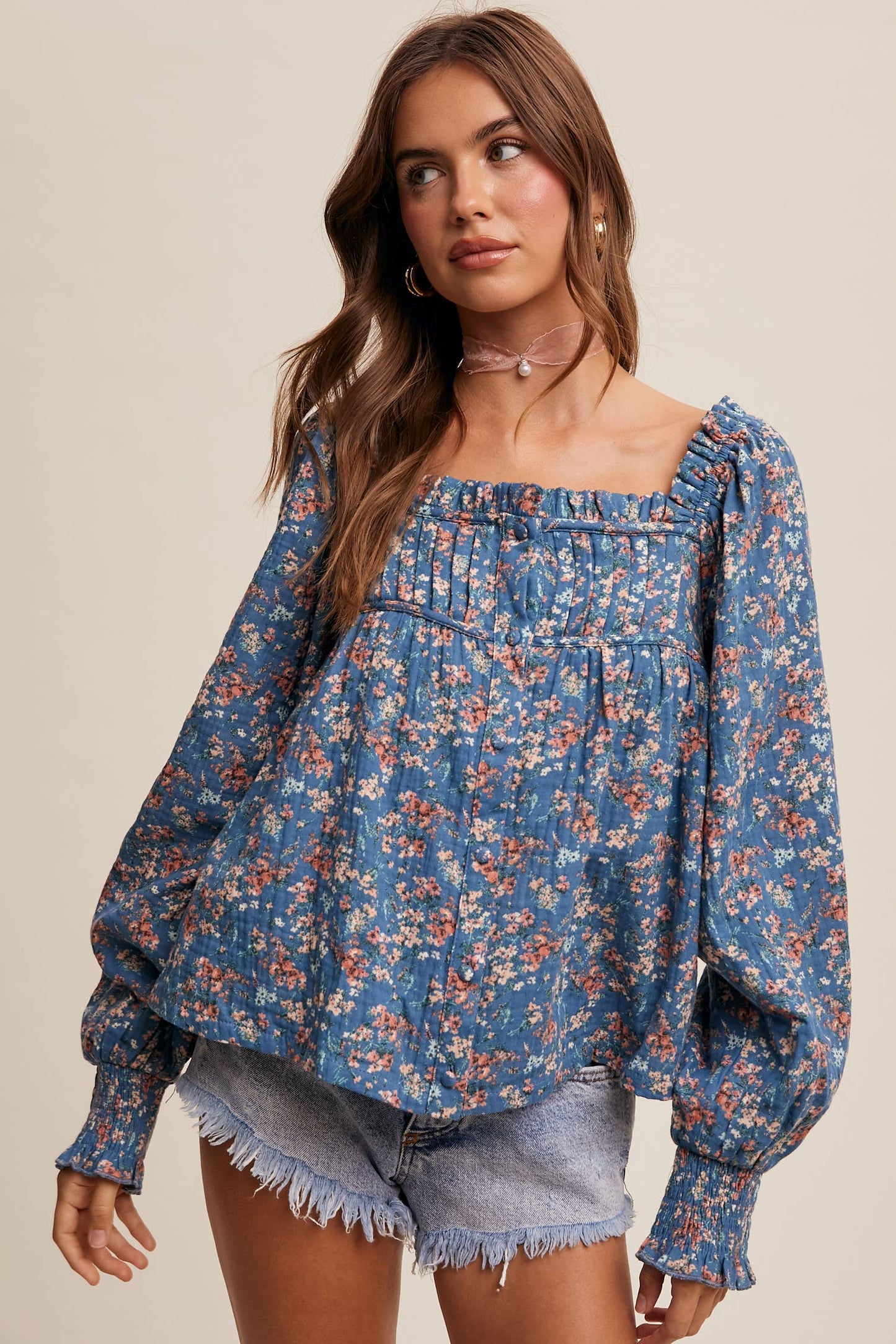 Square-Neck Floral Print Blouse