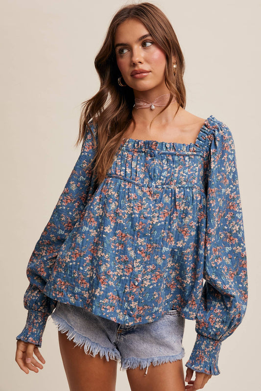 Square-Neck Floral Print Blouse