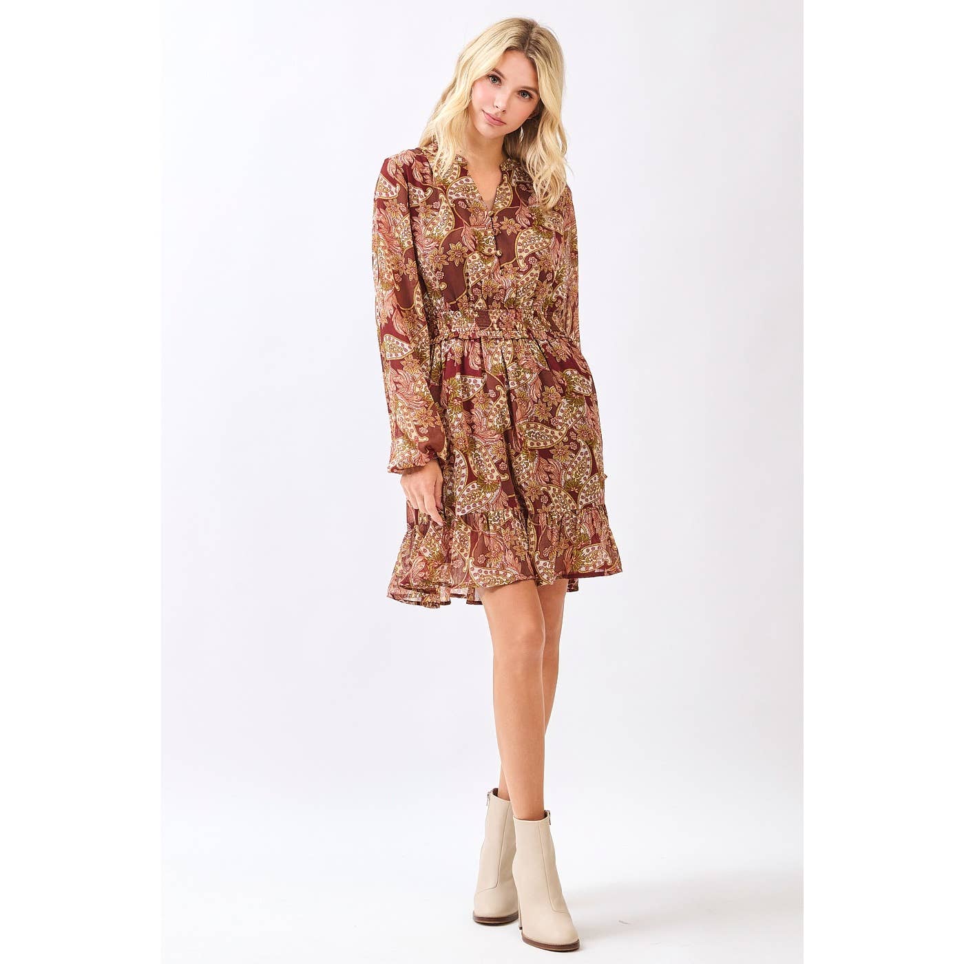 BOHO PAISLEY PRINT SMOCKED WAIST RUFFLE MINI DRESS