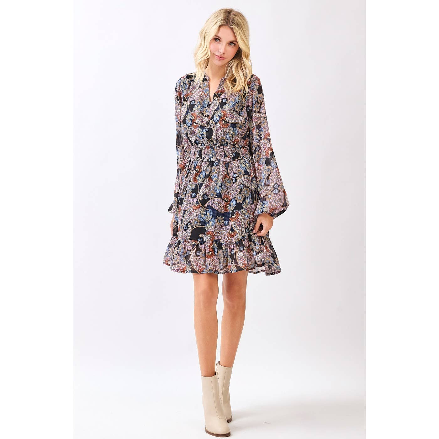 BOHO PAISLEY PRINT SMOCKED WAIST RUFFLE MINI DRESS