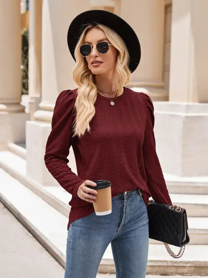 Red Cable Knit Long Sleeve Casual Top