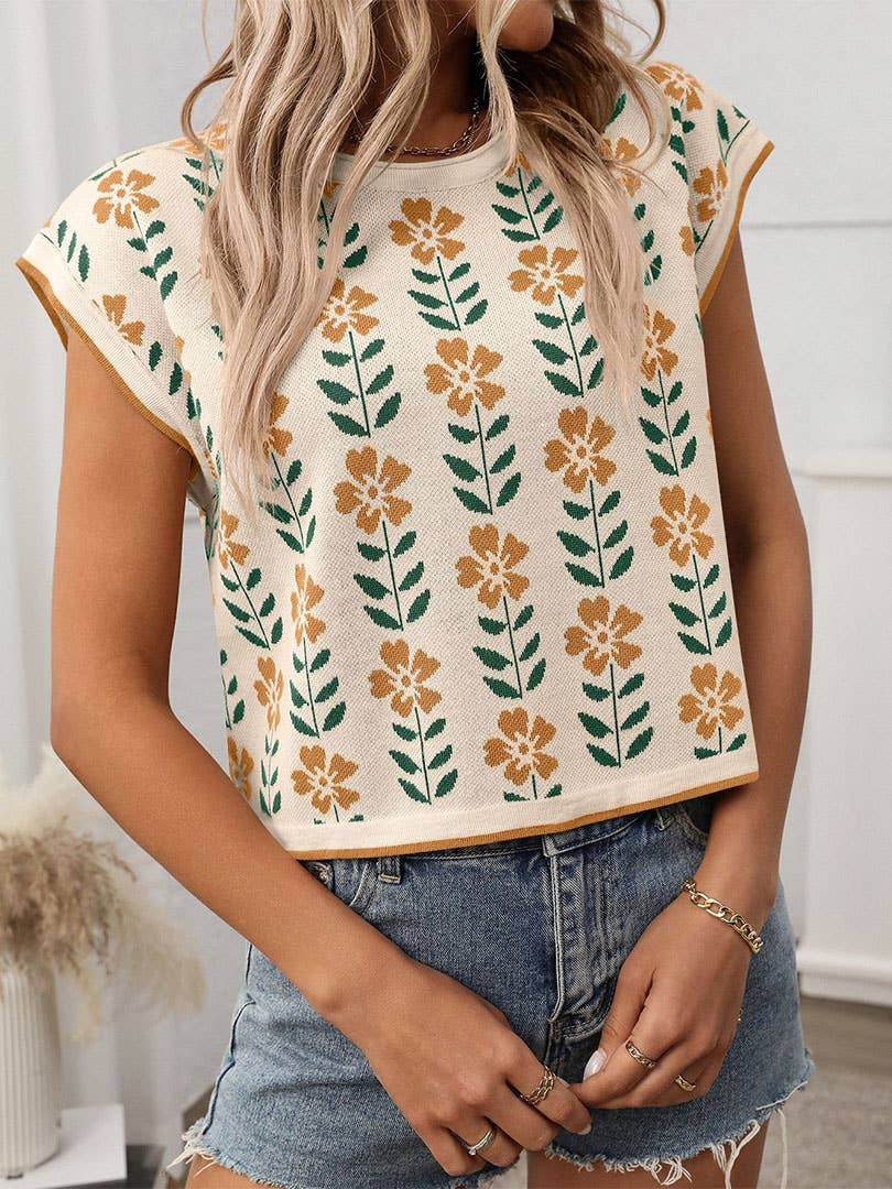 Knit Floral Cropped Short-Sleeves Color Block Sweater MD188