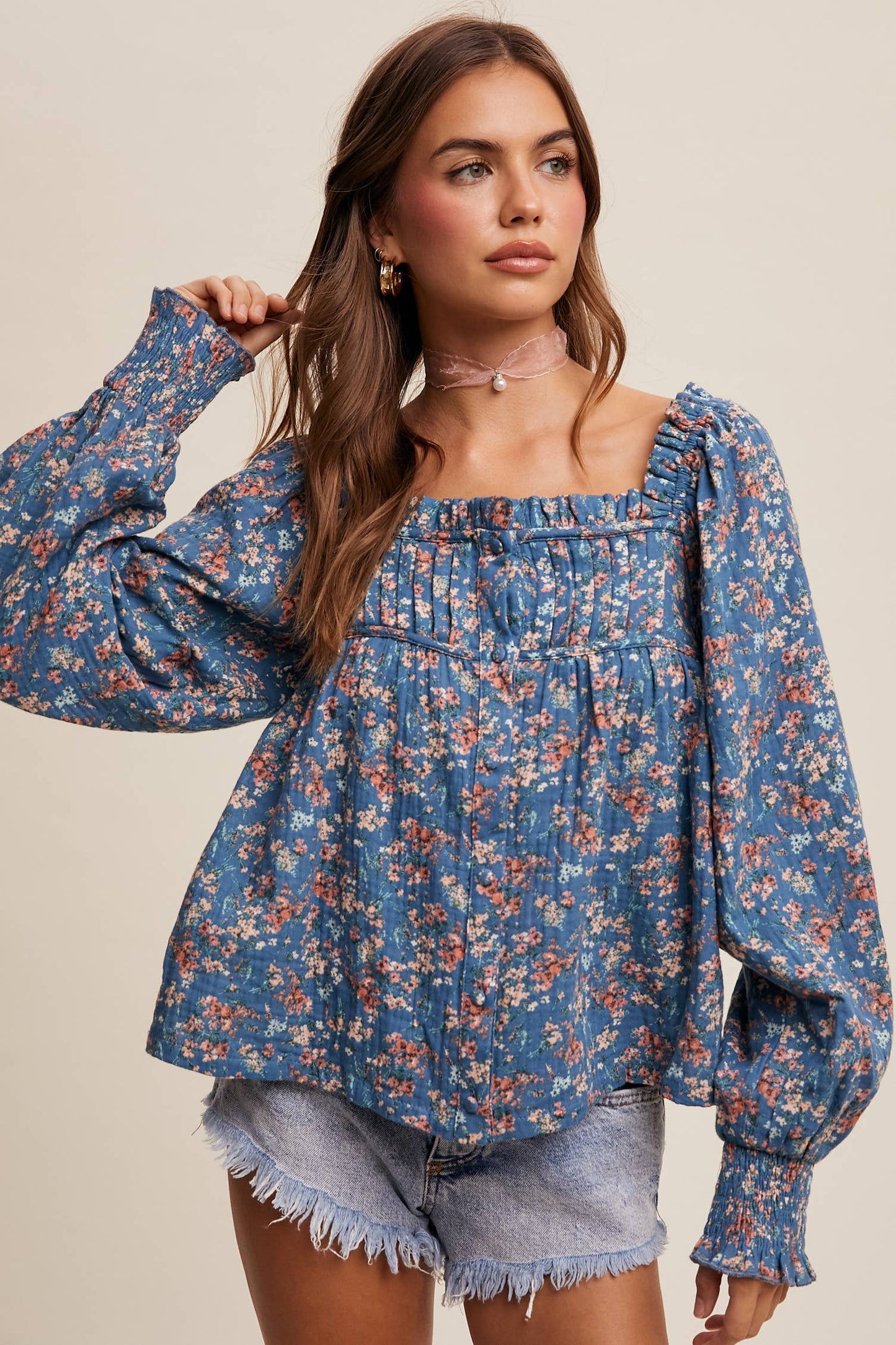 Square-Neck Floral Print Blouse