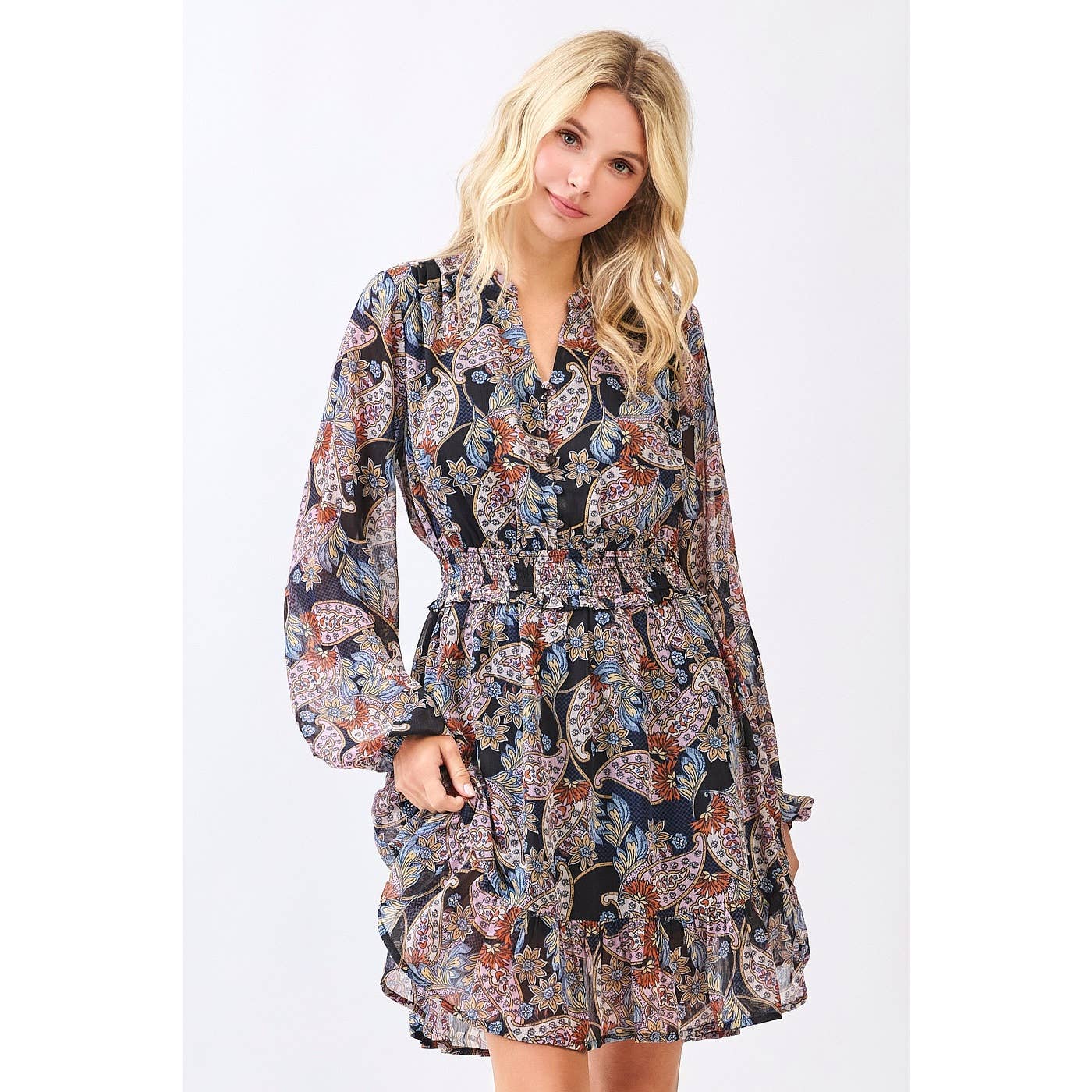 BOHO PAISLEY PRINT SMOCKED WAIST RUFFLE MINI DRESS