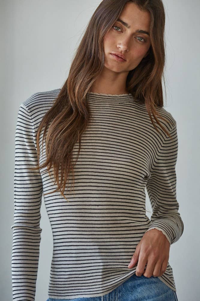 Knit Sweater Striped Mock Neck Long Sleeve Top