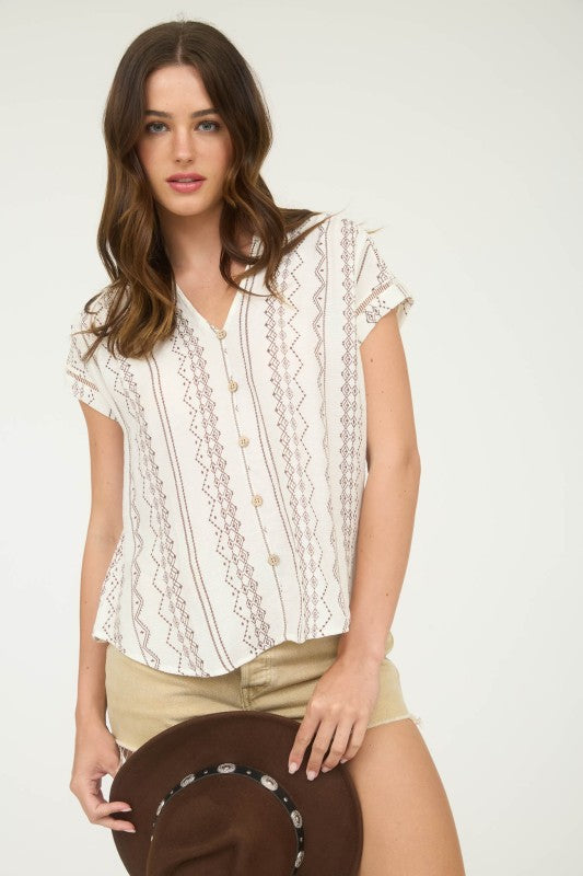 Geo Pattern Short Sleeved Button Down Top