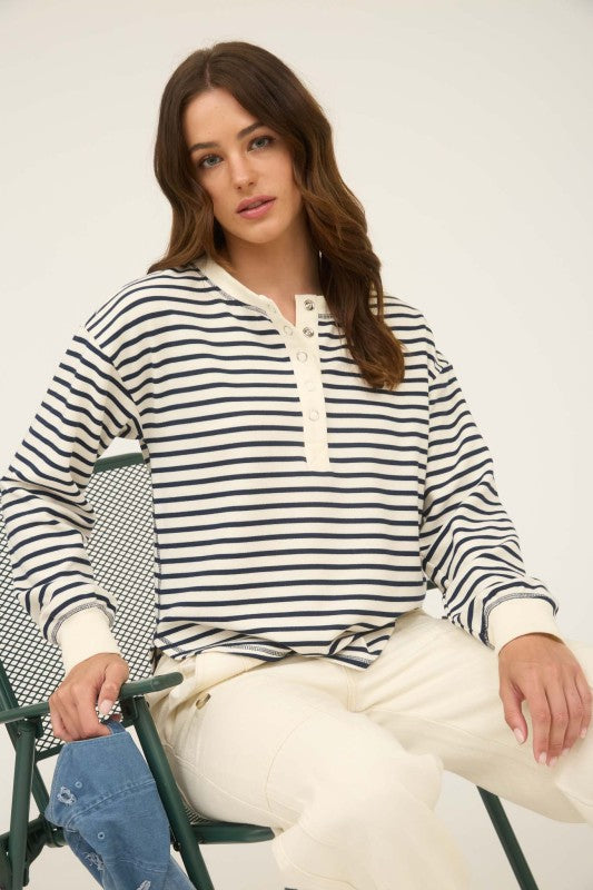 Striped Henley Long Sleeve Knit Top