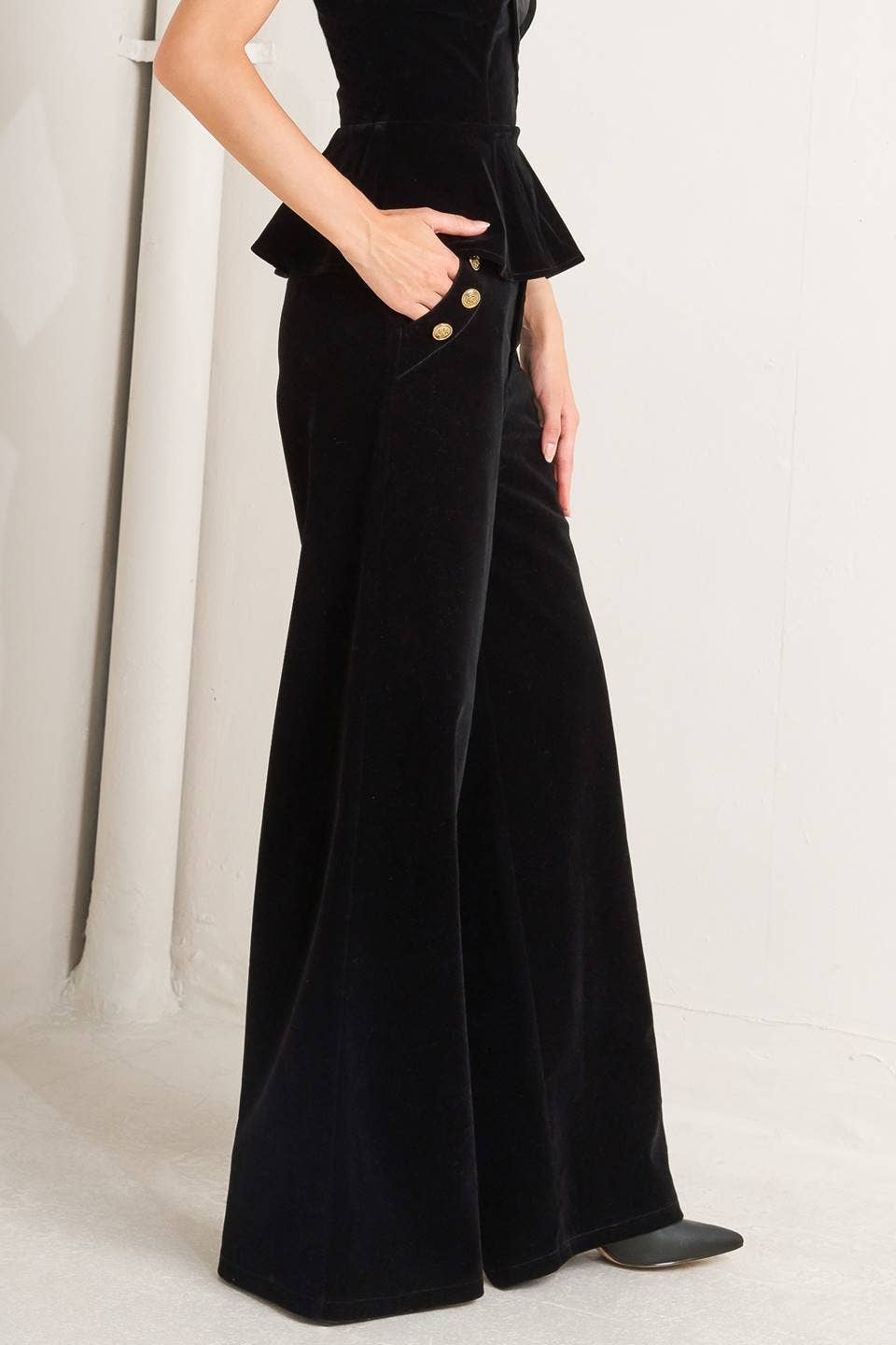 Black Velvet Pant with Gold Buttons