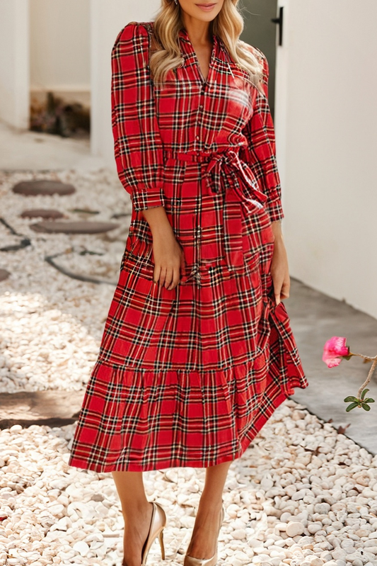 Plaid V Neck 3/4 Sleeve Tie Waist Ruffle Hem Midi Dress