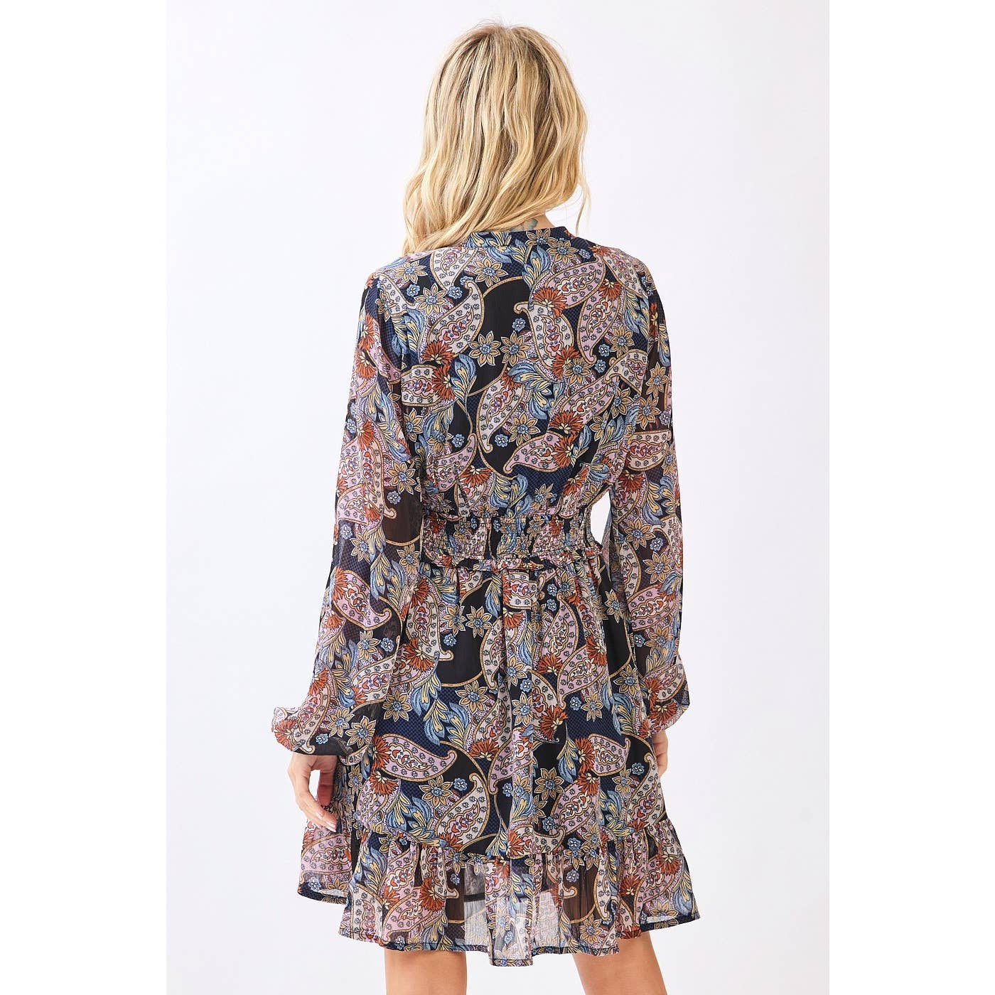 BOHO PAISLEY PRINT SMOCKED WAIST RUFFLE MINI DRESS