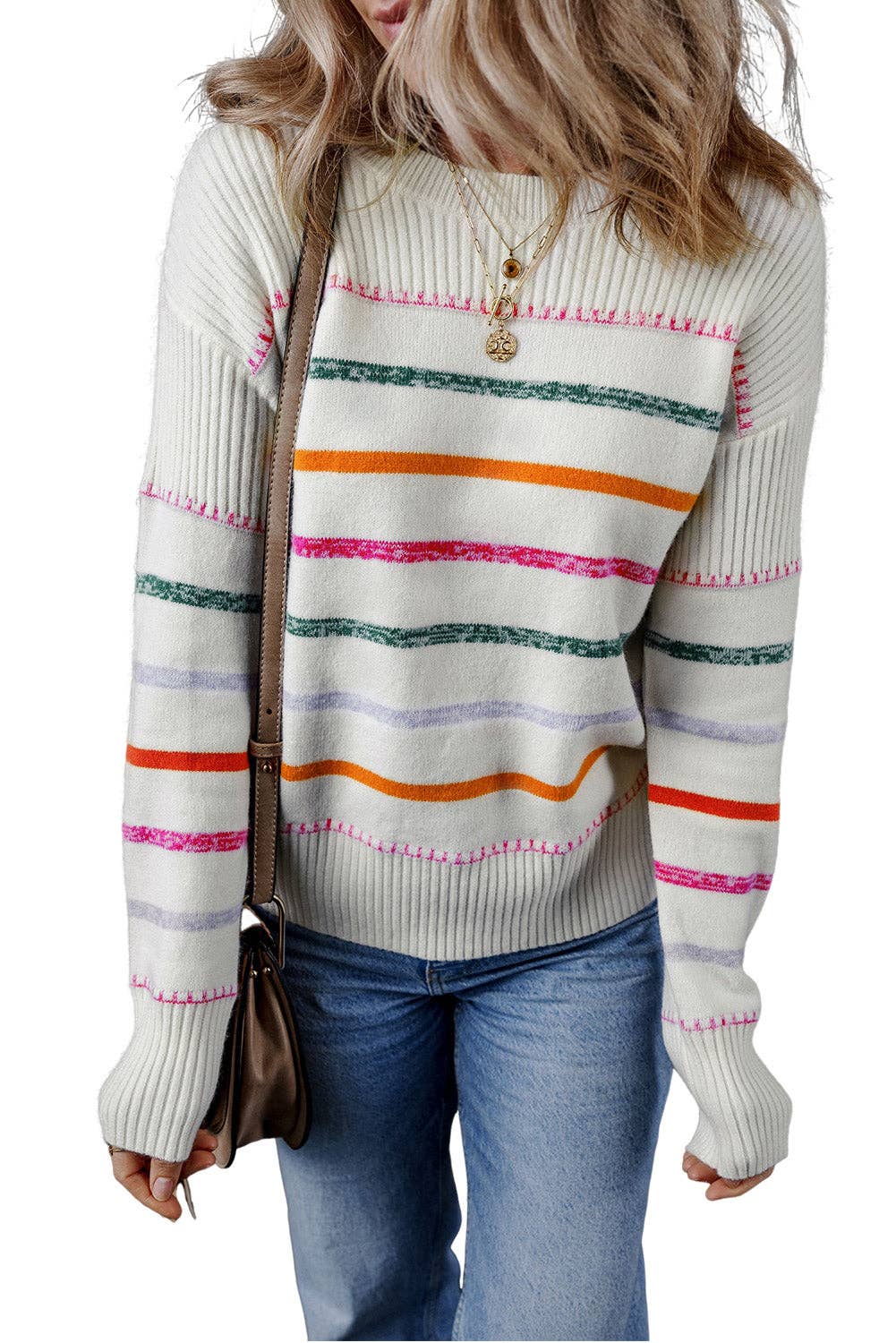Stripe Ribbed Trim Crewneck Sweater