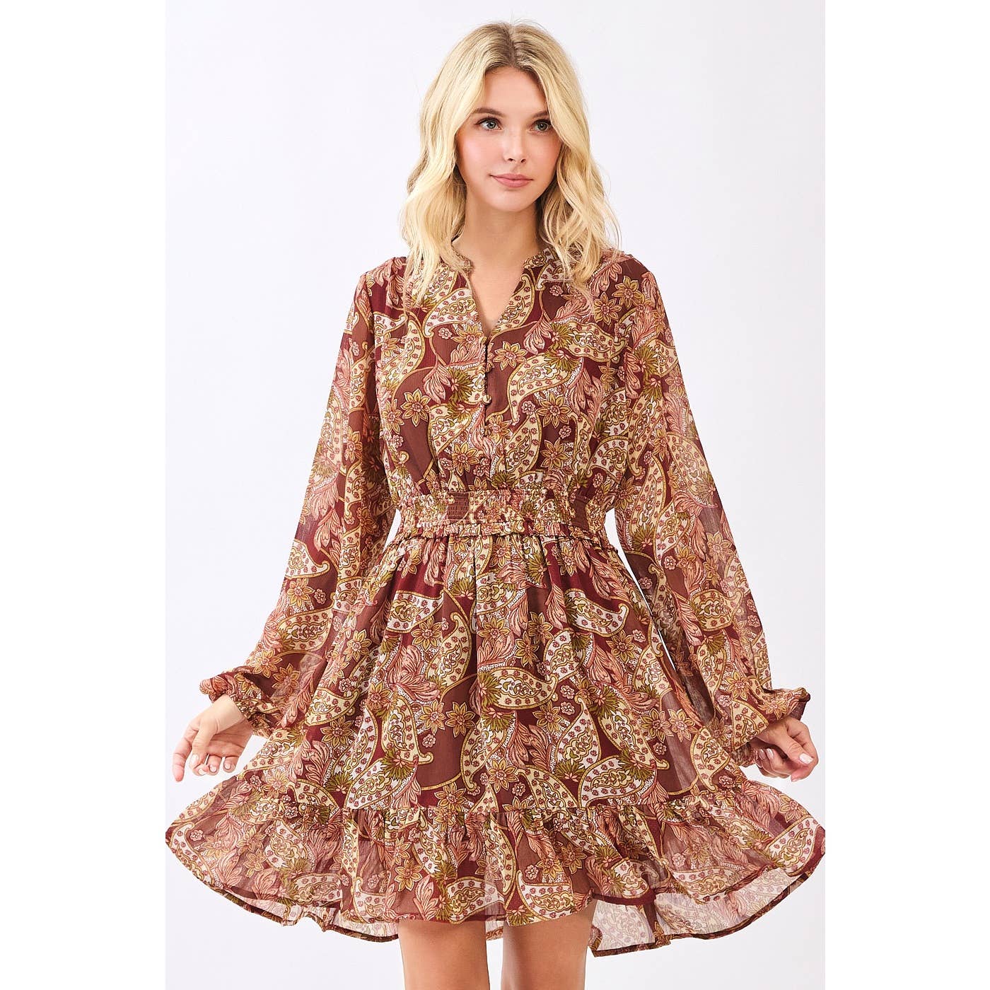BOHO PAISLEY PRINT SMOCKED WAIST RUFFLE MINI DRESS
