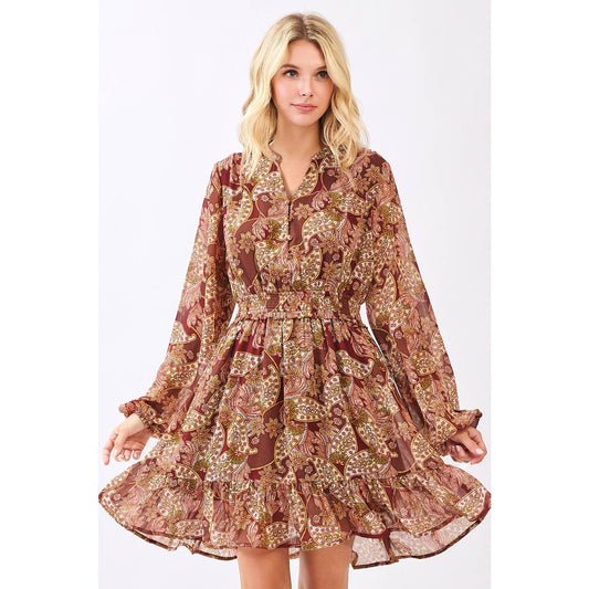 BOHO PAISLEY PRINT SMOCKED WAIST RUFFLE MINI DRESS