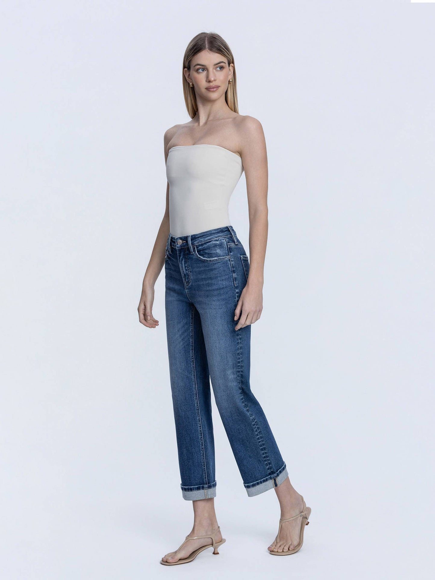 Lovervet High Rise Dark Wash Cuffed Crop Straight Jeans