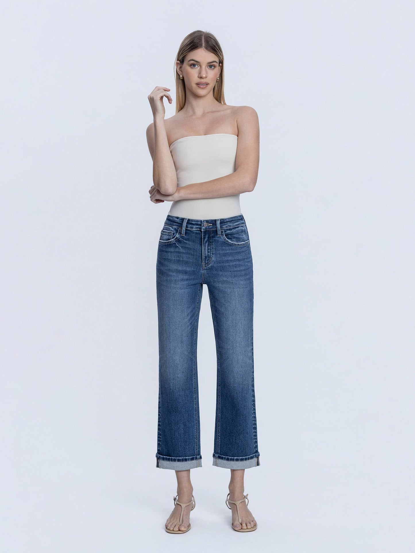 Lovervet High Rise Dark Wash Cuffed Crop Straight Jeans