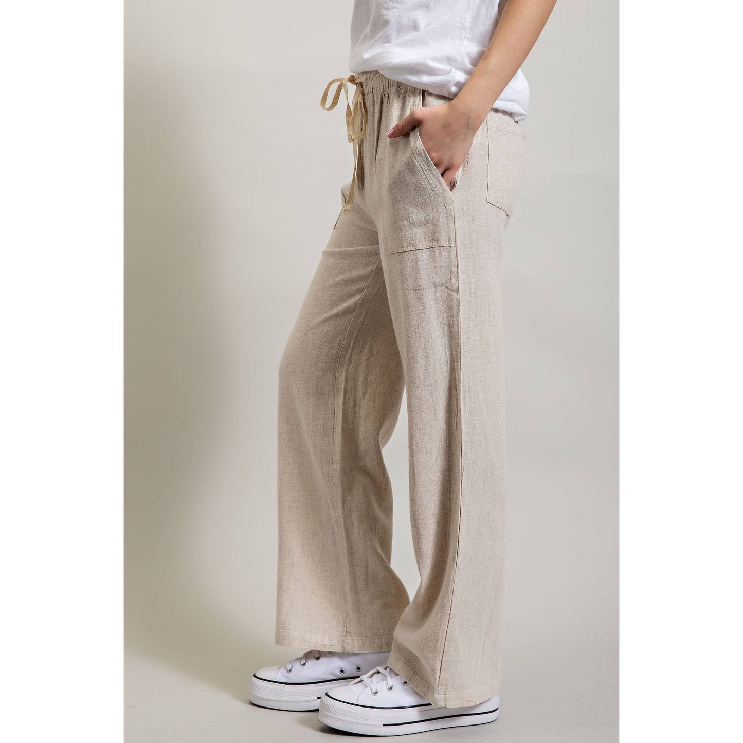 LINEN BLEND LOOSE STRAIGHT LEG PANTS