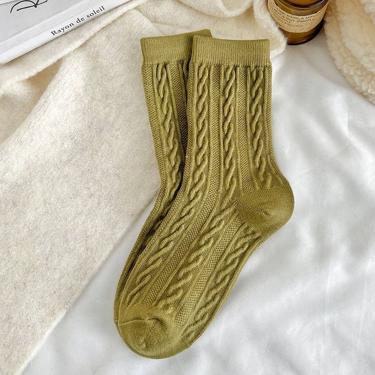 Solid Color Retro Twisted Diamond Texture Warm Pile Socks
