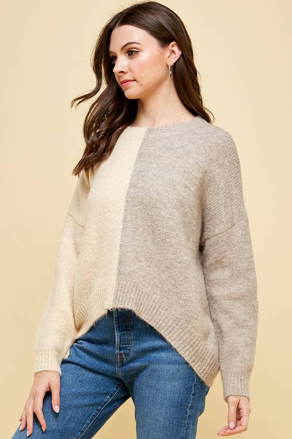 Split Colorblock Sweater - Beige Multi