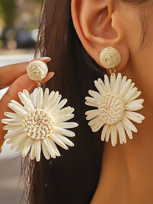 Boho Raffia Crochet Sunflower Dangle Earrings