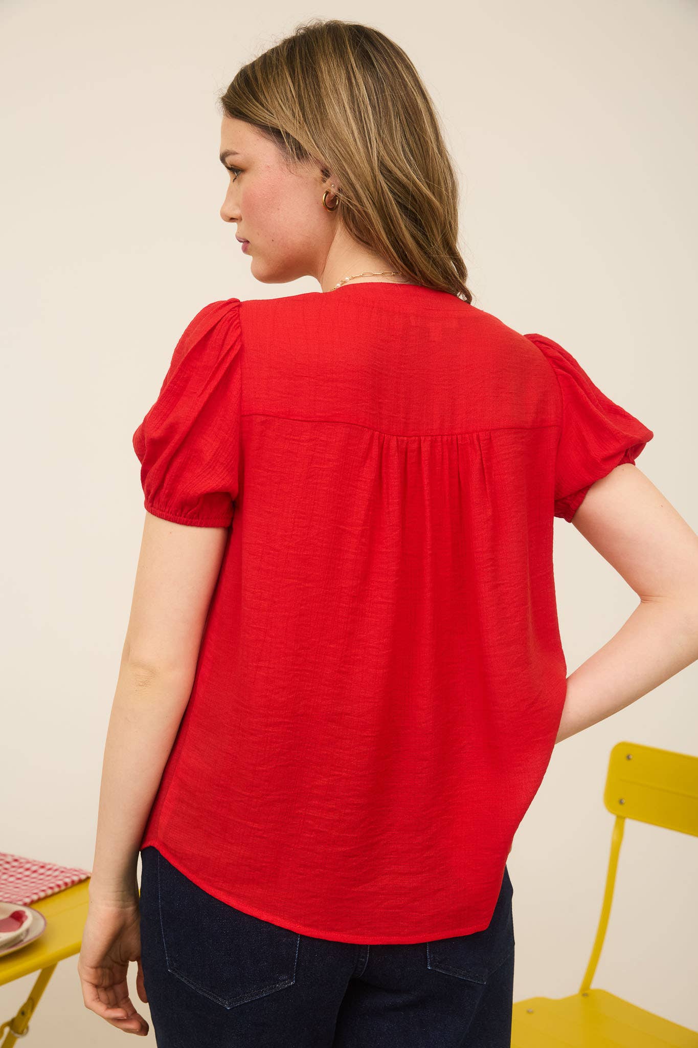 White or Navy Eyelet Top with Puff Sleeves