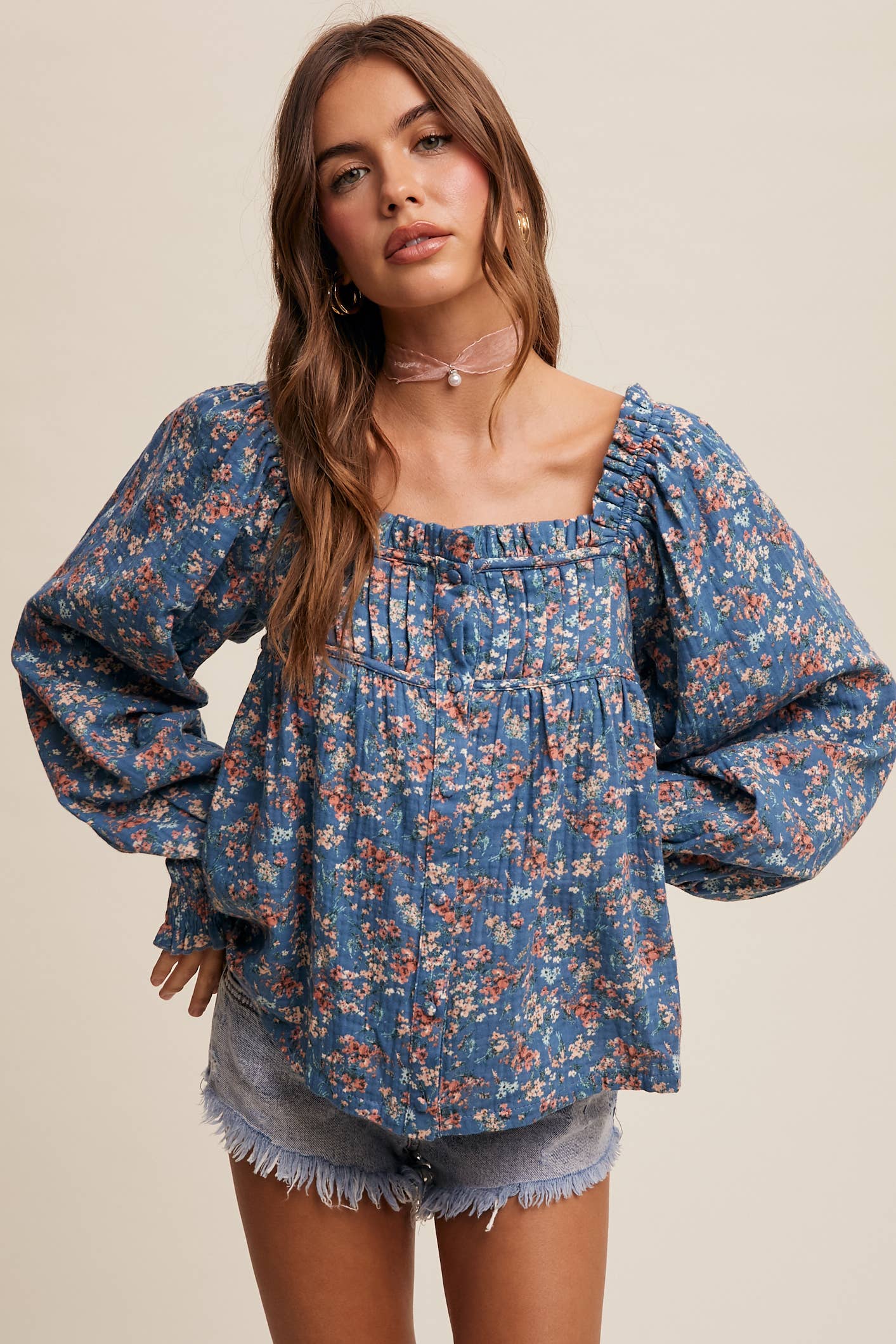 Square-Neck Floral Print Blouse