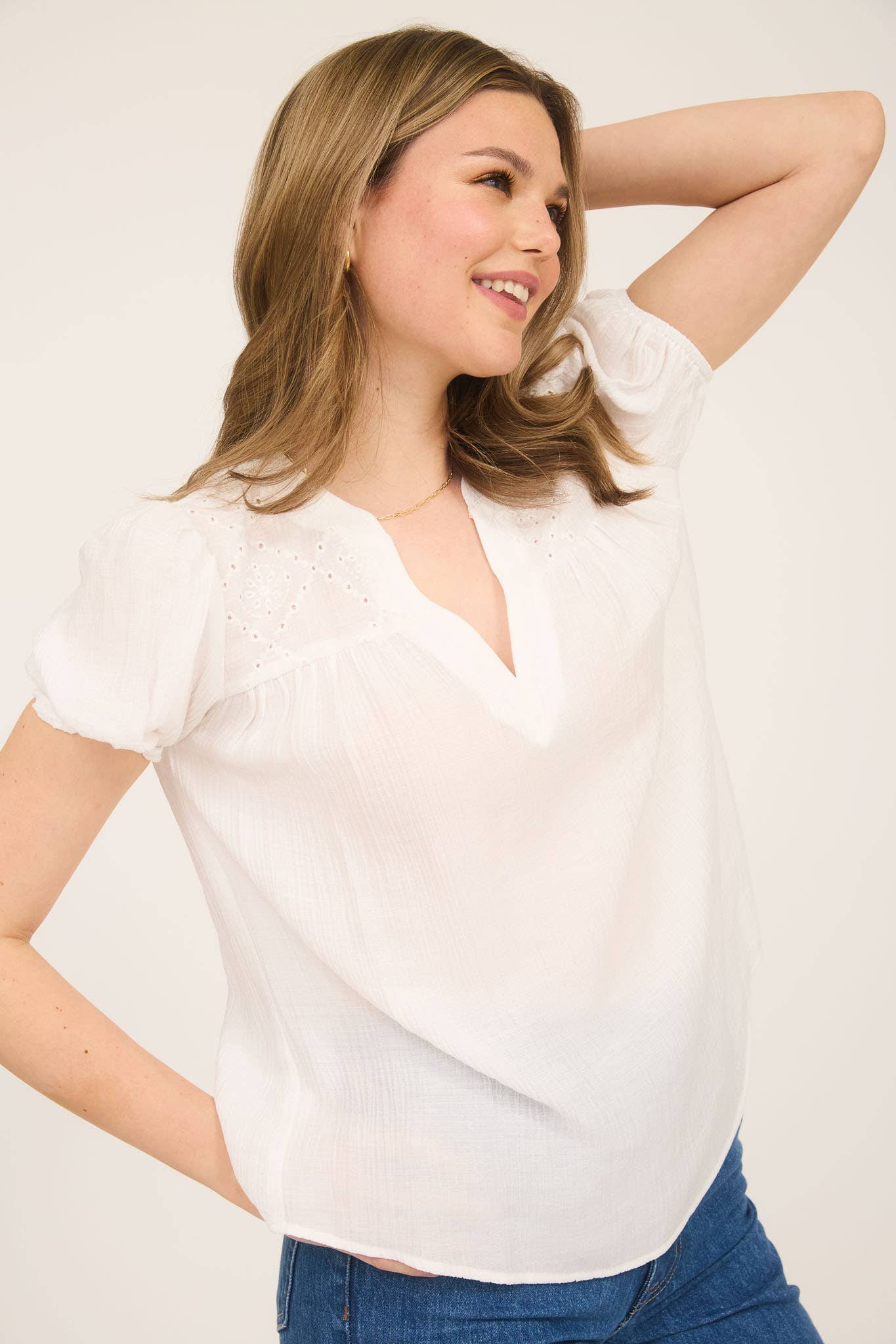 White or Navy Eyelet Top with Puff Sleeves