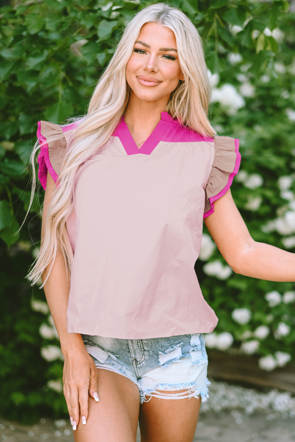 Mist Blue Colorblock Ruffled Sleeve Frill V Neck Blouse
