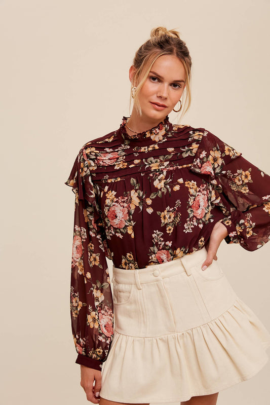 Floral High-Neck Sheer Blouse