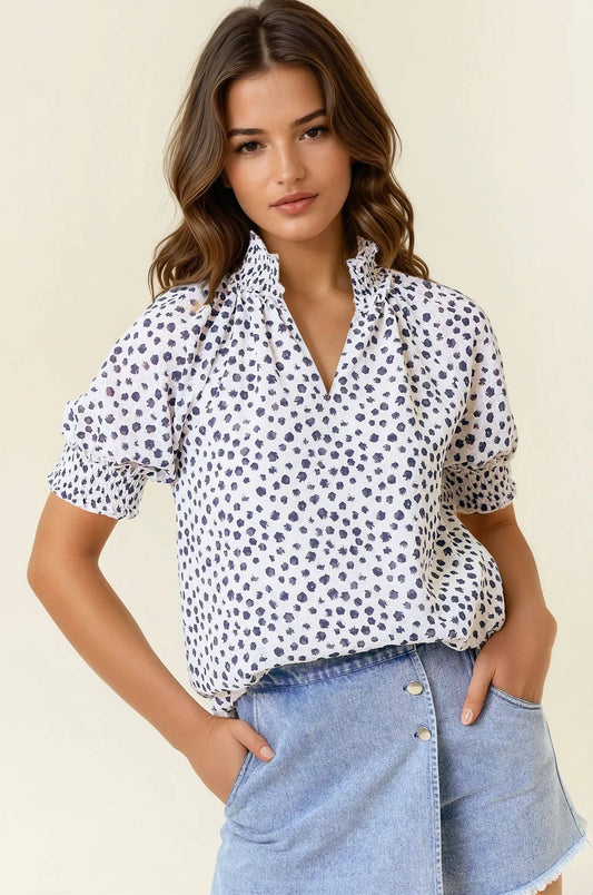 Dot Print Short Sleeve Blouse