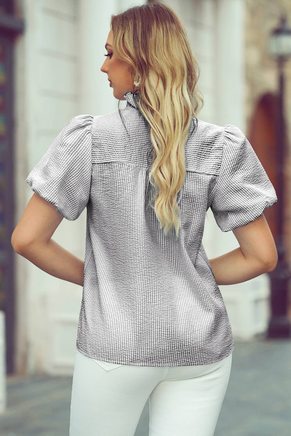 Striped Ruffle Short Bubble Sleeve Top