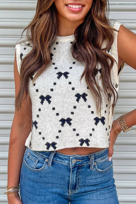 White Bow Pattern Cropped Sweater Vest