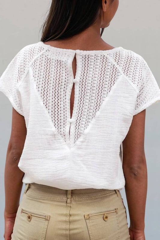 Lace Crochet Textured Button Back V Neck T Shirt