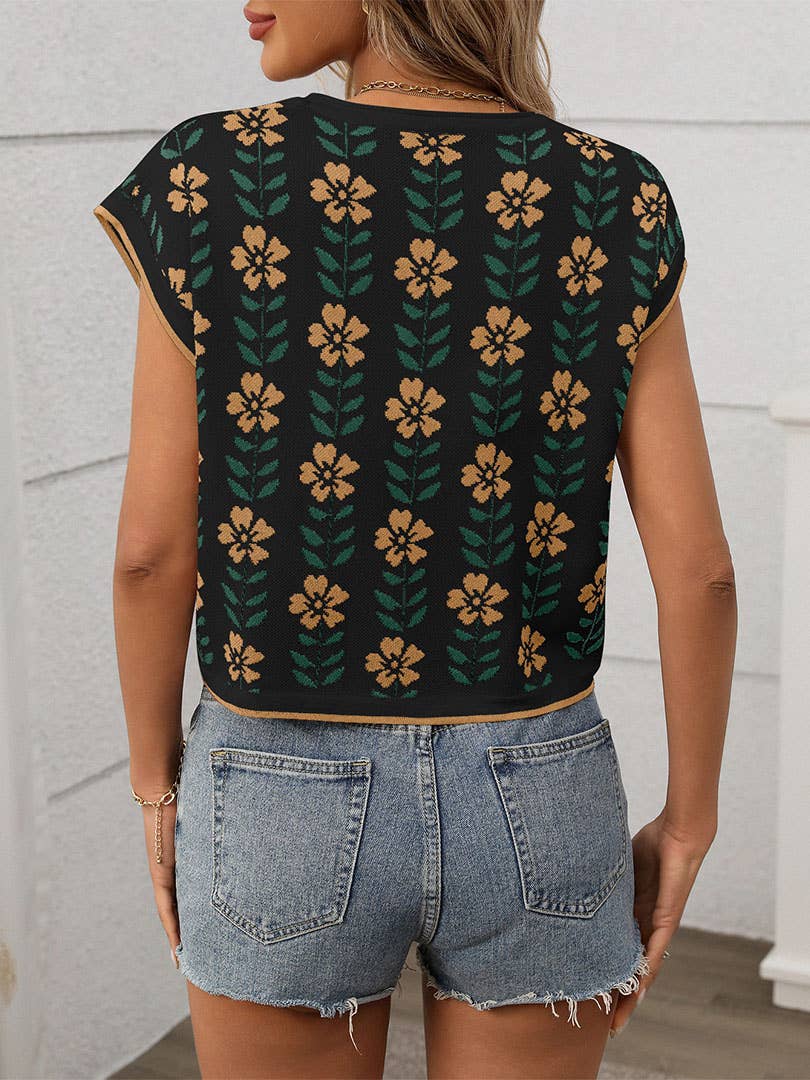 Knit Floral Cropped Short-Sleeves Color Block Sweater MD188