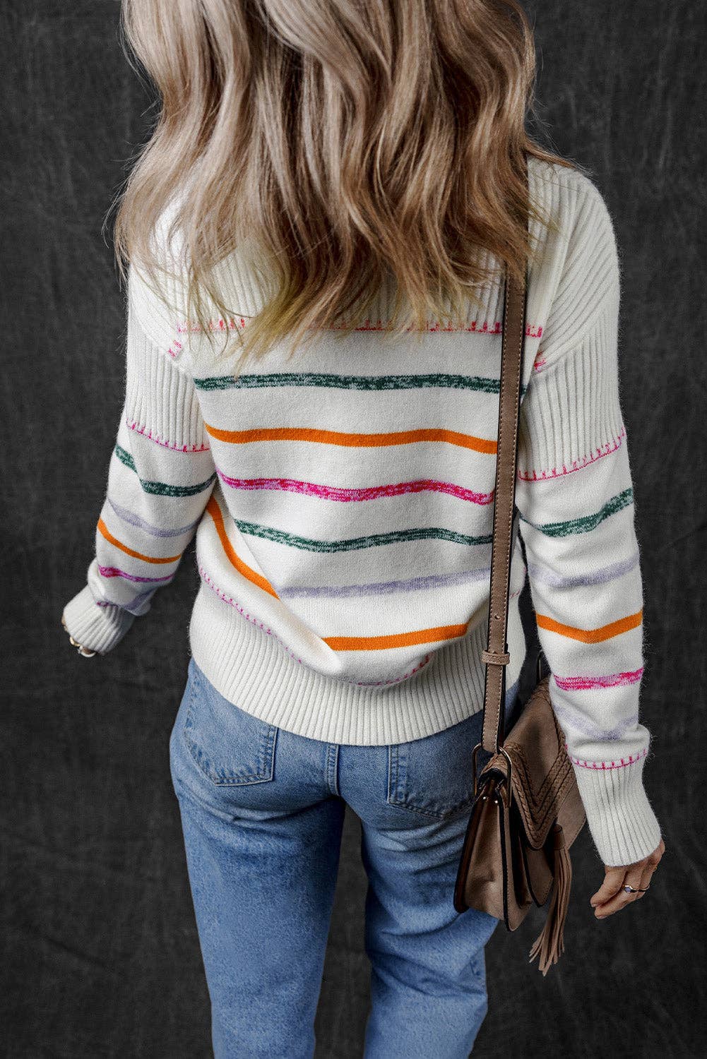 Stripe Ribbed Trim Crewneck Sweater