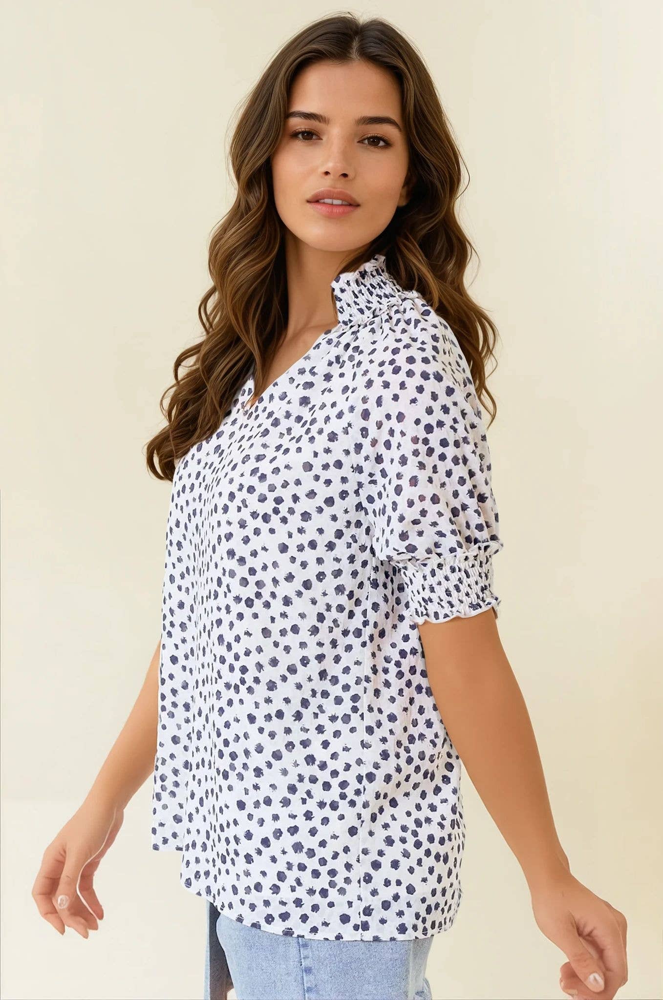 Dot Print Short Sleeve Blouse