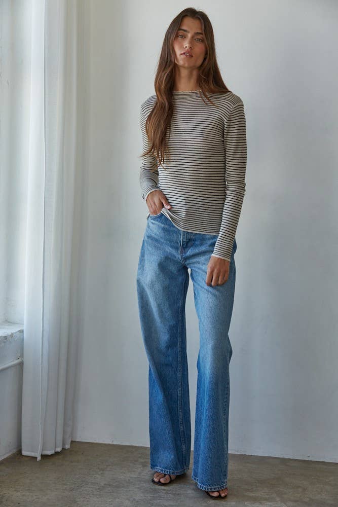 Knit Sweater Striped Mock Neck Long Sleeve Top