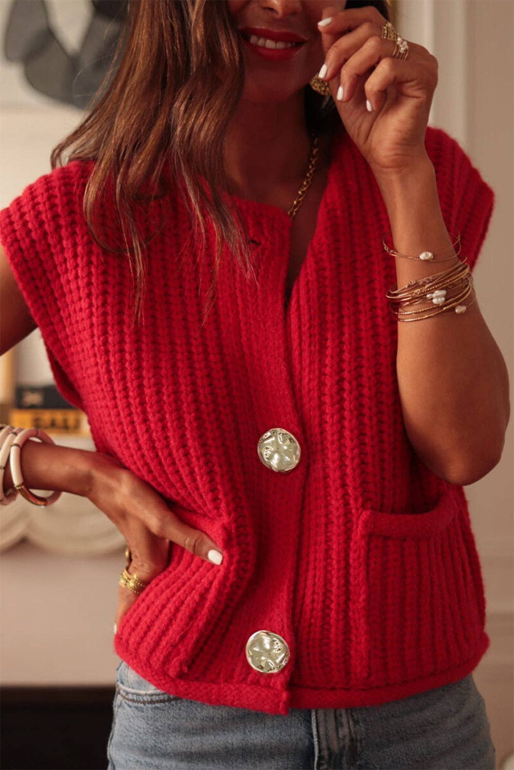 Solid Knit Side Pockets Buttoned Sweater Vest