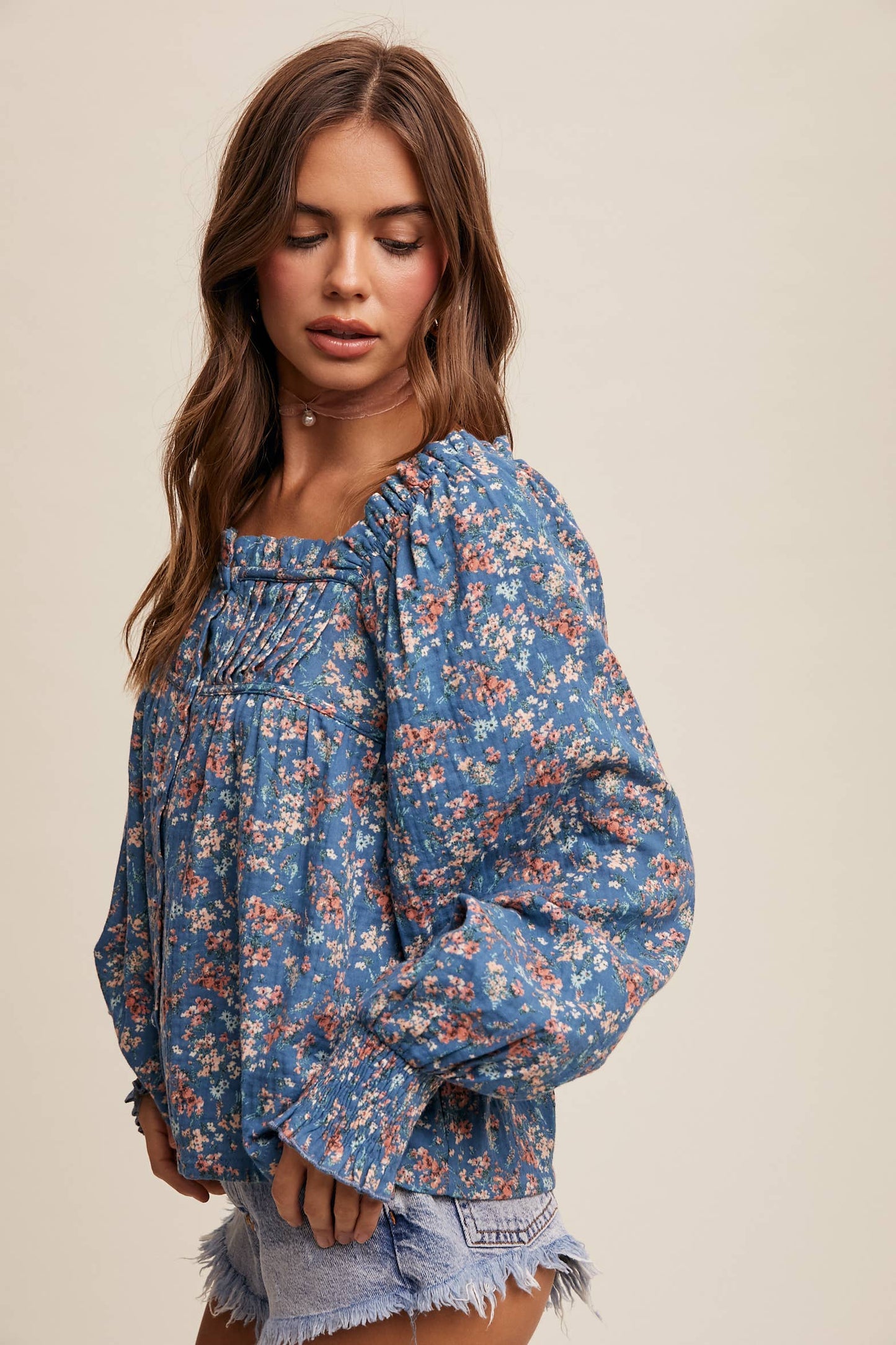 Square-Neck Floral Print Blouse