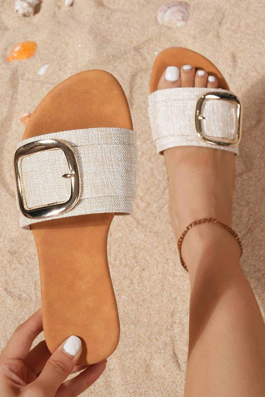 Buckle Decor Linen Upper Flat Slippers | US6-10